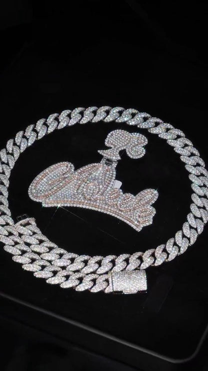 Custom Name Pendant and 12mm Cuban Link Chain Set, VVS1 Moissanite, 925 Sterling Silver, Personalized Hip Hop Jewelry