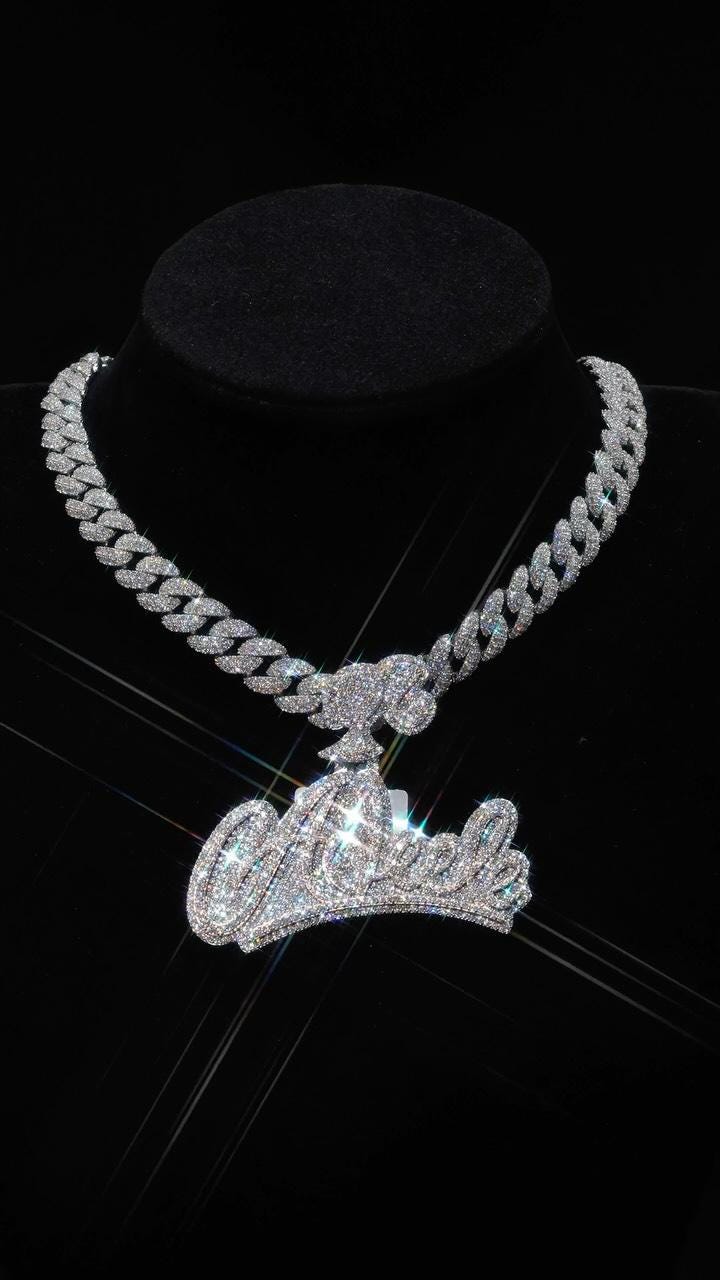 Custom Name Pendant and 12mm Cuban Link Chain Set, VVS1 Moissanite, 925 Sterling Silver, Personalized Hip Hop Jewelry