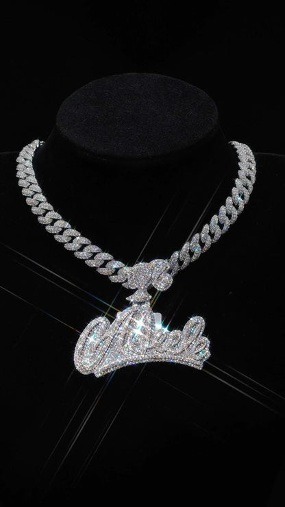 Custom Name Pendant and 12mm Cuban Link Chain Set, VVS1 Moissanite, 925 Sterling Silver, Personalized Hip Hop Jewelry