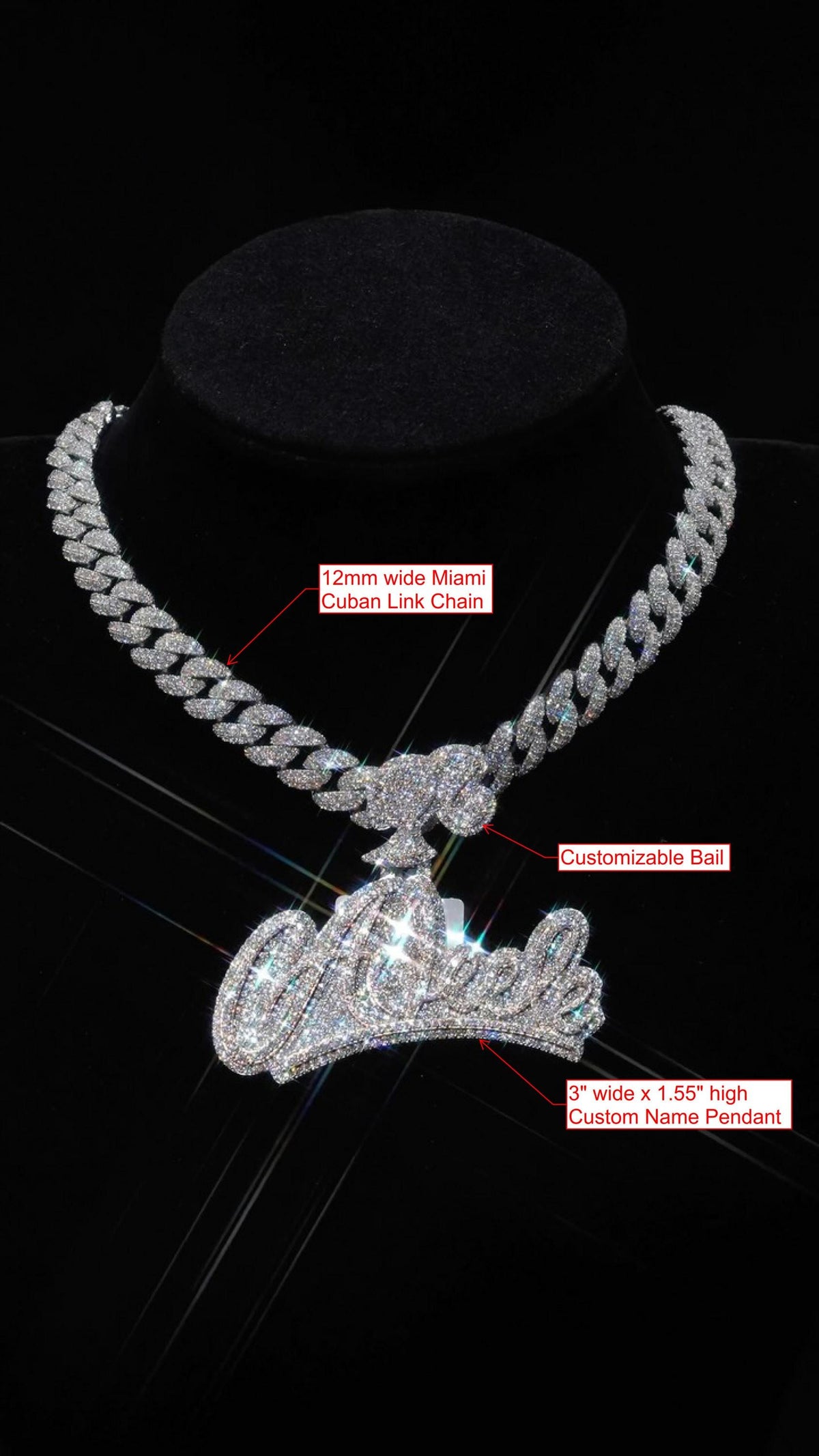 Custom Name Pendant and 12mm Cuban Link Chain Set, VVS1 Moissanite, 925 Sterling Silver, Personalized Hip Hop Jewelry