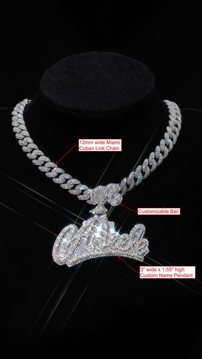 Custom Name Pendant and 12mm Cuban Link Chain Set, VVS1 Moissanite, 925 Sterling Silver, Personalized Hip Hop Jewelry