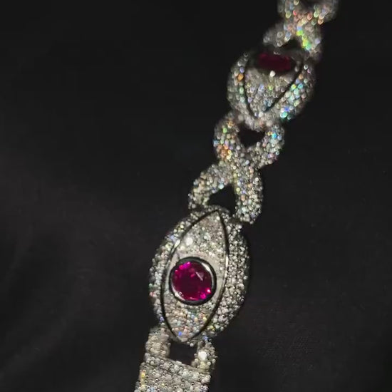 VVS1 Moissanite Evil eye Bracelet, Lab made Ruby Stone, Made in pure 925 Sterling Silver,  Pass Diamond Tester, For Men / Women