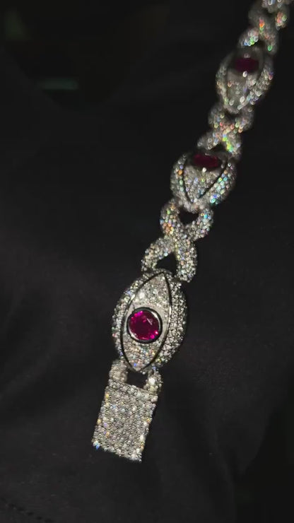 VVS1 Moissanite Evil eye Bracelet, Lab made Ruby Stone, Made in pure 925 Sterling Silver,  Pass Diamond Tester, For Men / Women