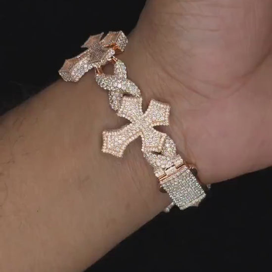 Iced Out Cross Link Bracelet, VVS1 Moissanite Pass Diamond Test, 925 Silver or 10K Gold Hip Hop Jewelry, Luxury Bling for Men & Women