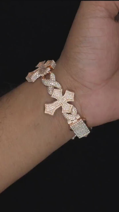 Iced Out Cross Link Bracelet, VVS1 Moissanite Pass Diamond Test, 925 Silver or 10K Gold Hip Hop Jewelry, Luxury Bling for Men & Women