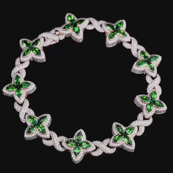 VVS Moissanite Green Flower Link Chain | Rhodium Plated 925 Silver | Iced Out Custom Necklace | Hip Hop Statement Jewelry