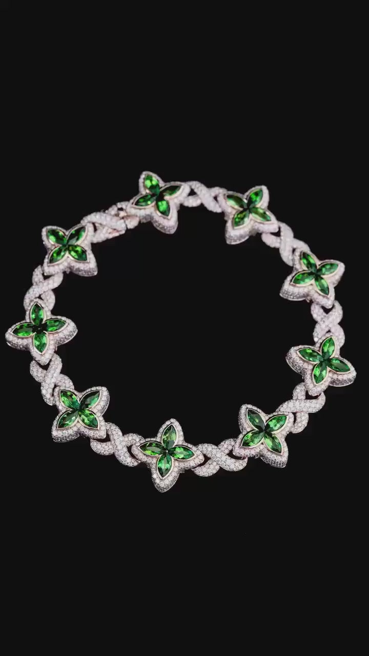 VVS Moissanite Green Flower Link Chain | Rhodium Plated 925 Silver | Iced Out Custom Necklace | Hip Hop Statement Jewelry