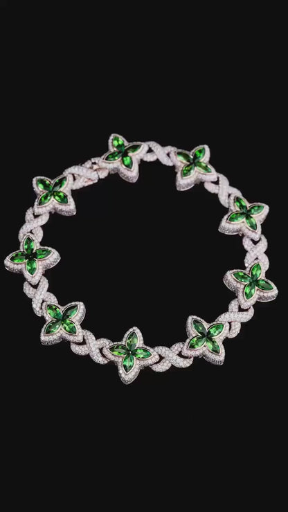 VVS Moissanite Green Flower Link Chain | Rhodium Plated 925 Silver | Iced Out Custom Necklace | Hip Hop Statement Jewelry