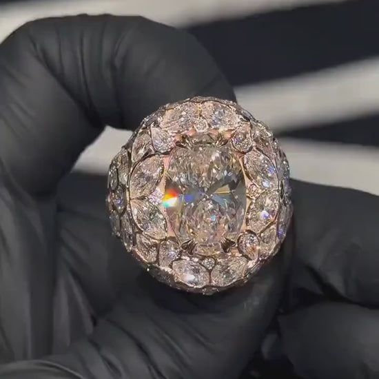 10ct Oval Moissanite Pinky Ring, Rose Gold Iced Out Hip Hop Ring, Pear & Marquise Cluster Bling, Rapper Statement Jewelry