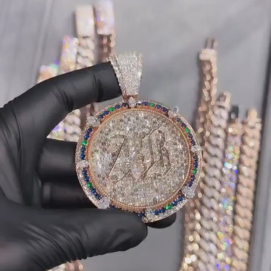 Custom Iced Out Monogram Medallion Pendant, Moissanite & Gemstones, Rose Gold Plated 925 Silver, Personalized Hip Hop Jewelry