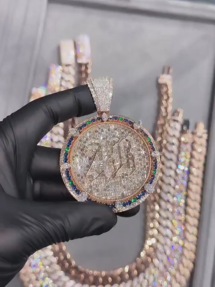 Custom Iced Out Monogram Medallion Pendant, Moissanite & Gemstones, Rose Gold Plated 925 Silver, Personalized Hip Hop Jewelry