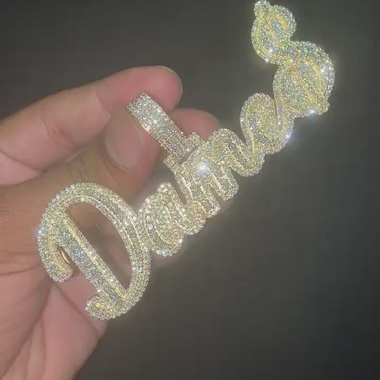 Real Moissanite Diamonds Men Layered Name Pendant, Custom Name, Alphabet, Letter, Cuban Chain, Real Solid 925 Silver, 14k Yellow Gold Plated