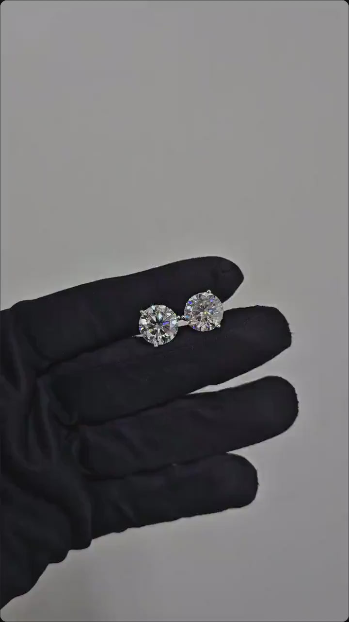 12mm Moissanite Stud Earrings, D Color VVS1 Round, 12 Carat Total Weight, 925 Sterling Silver/Solid 10K Gold, Three Prong Martini Setting