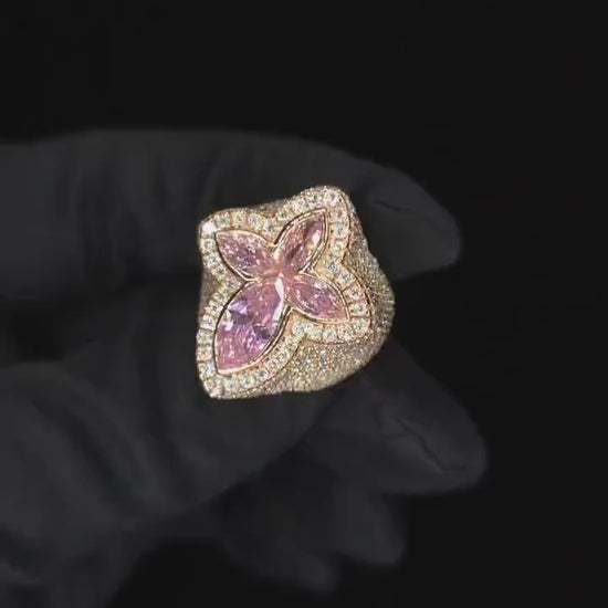Large Pink Sapphire Cross Ring, VVS1 Moissanite Statement Ring, Rose Gold Plated 925 Silver, Iced Out Men’s Hip Hop Jewelry