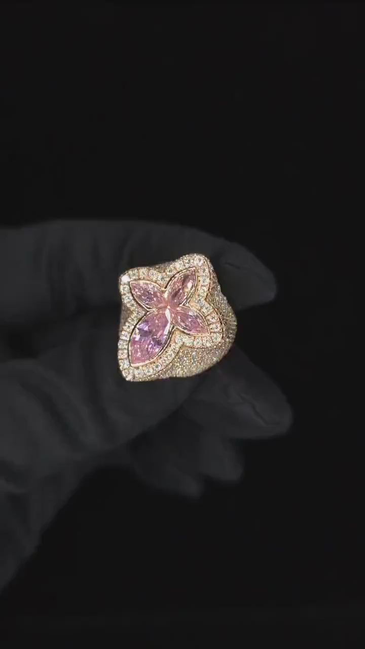 Large Pink Sapphire Cross Ring, VVS1 Moissanite Statement Ring, Rose Gold Plated 925 Silver, Iced Out Men’s Hip Hop Jewelry