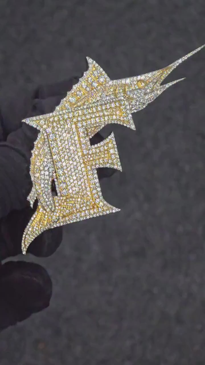 Letter F Swordfish Pendant, Iced Out Marlin, VVS Moissanite/Lab Diamond, 925 Silver or 10K Gold, Two-Tone Hip Hop Jewelry