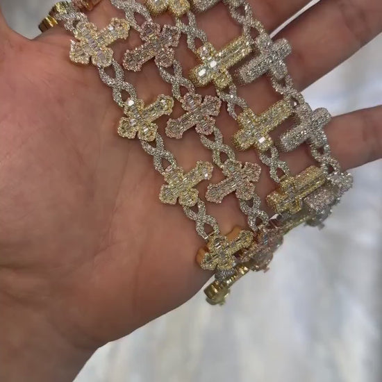 VVS1 Diamond Cross Link Bracelet, VVS1 Quality Baguette Moissanite Diamond, Pass Diamond Tester, Heavy Quality 925 Sterling Silver