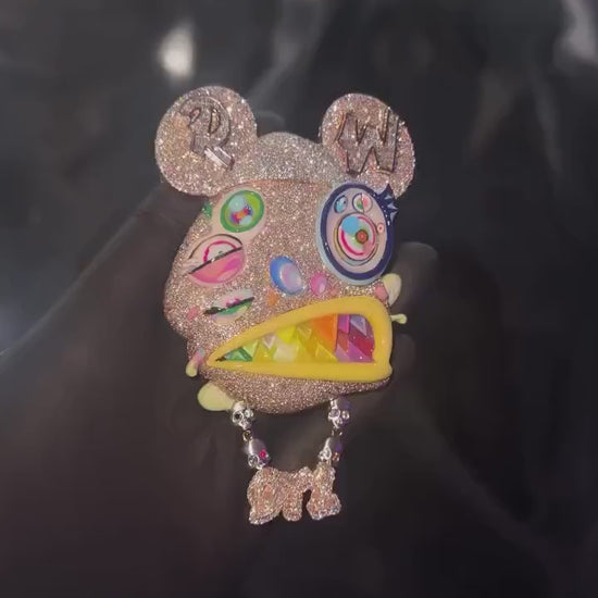 Custom Multi-Color Bear Head Pendant | VVS Moissanite Iced Out | Unique Hip Hop Jewelry | Rainbow Enamel & Skull Accents