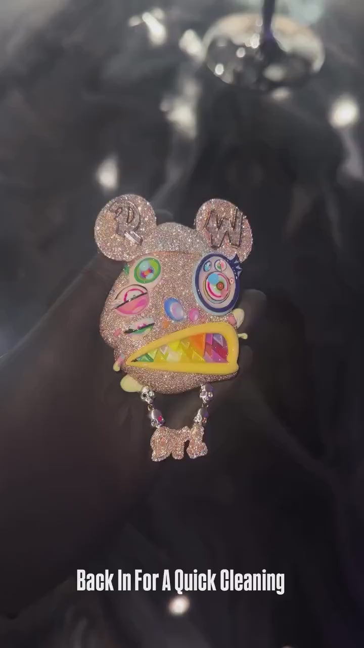 Custom Multi-Color Bear Head Pendant | VVS Moissanite Iced Out | Unique Hip Hop Jewelry | Rainbow Enamel & Skull Accents