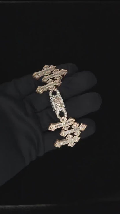 VVS1 Diamond Triple Cross Infinity Link Bracelet, Baguette and Round cut Moissanite, Pass Diamond Tester, Heavy 925 Sterling Silver