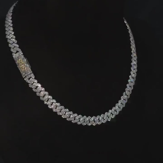 10mm Prong Cuban Link Chain, Custom Mixed-cut Designer Clasp, D Color VVS1 Moissanite, 925 Sterling Silver, Gold Plated, 16-30 Inch