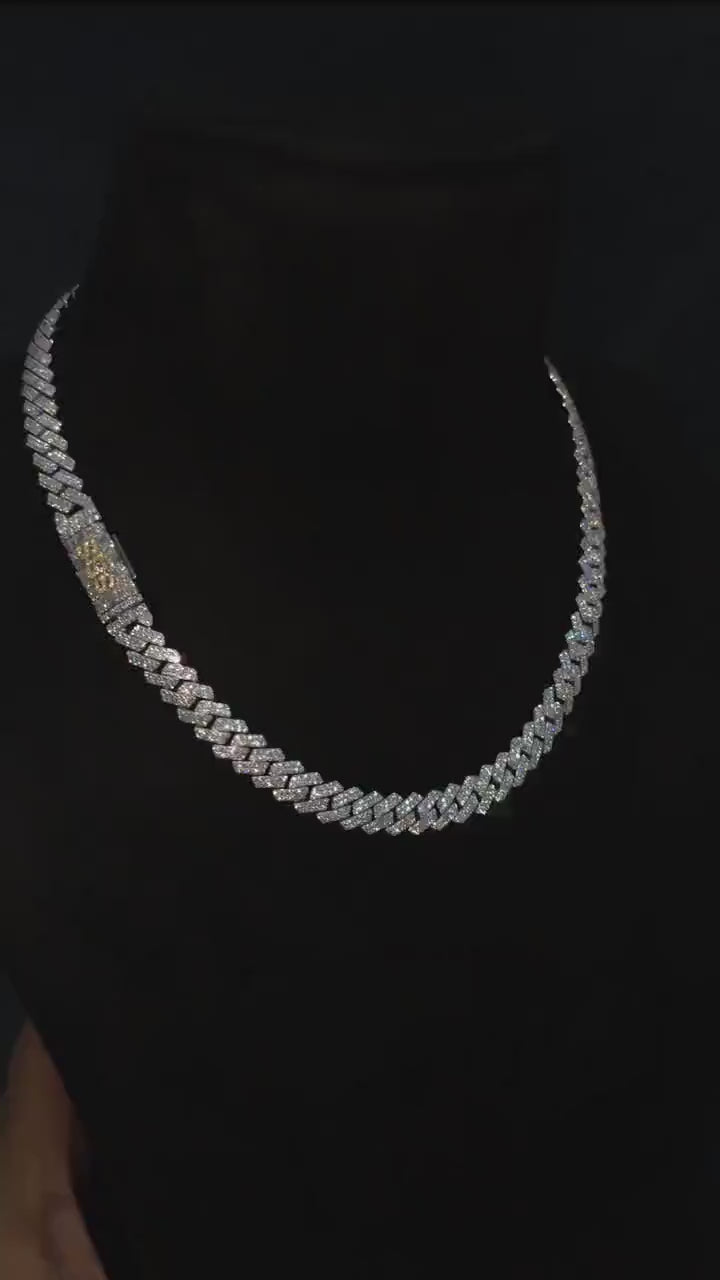 10mm Prong Cuban Link Chain, Custom Mixed-cut Designer Clasp, D Color VVS1 Moissanite, 925 Sterling Silver, Gold Plated, 16-30 Inch