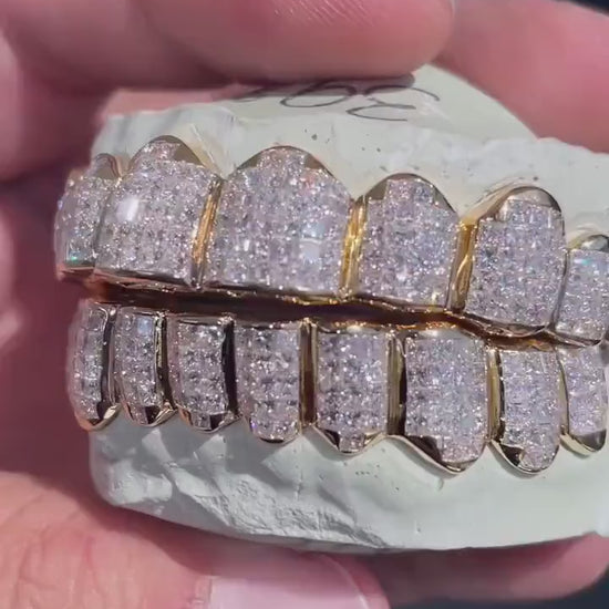 Invisible Set VVS Moissanite Grillz, Princess cut Moissanite, Deep/Perm Cut, 925 Sterling Silver, Pass Diamond Test