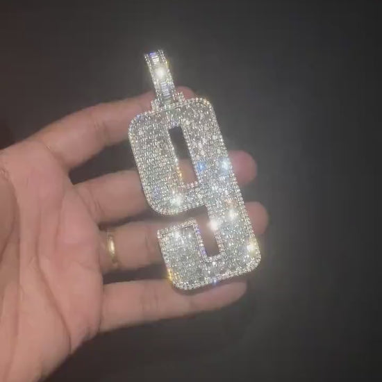 Emerald cut VVS1 Moissanite Layered Number "9" Pendant, Iced out Chunky Pendant, Custom Letter, 925 Sterling Silver / 10k, Hip Hop Pendant