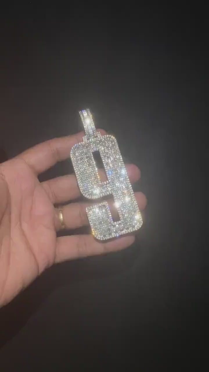 Emerald cut VVS1 Moissanite Layered Number "9" Pendant, Iced out Chunky Pendant, Custom Letter, 925 Sterling Silver / 10k, Hip Hop Pendant