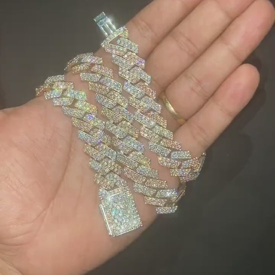 15mm Dual Tone Prong Cuban Link Chain, VVS Moissanite Stones, Pass Diamond Tester, Can be made in 925 Sterling Silver / Solid 10K Gold