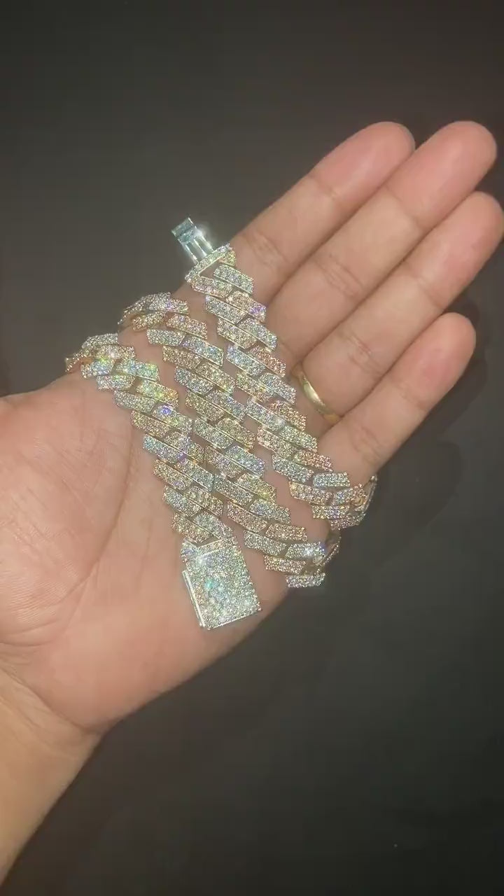 15mm Dual Tone Prong Cuban Link Chain, VVS Moissanite Stones, Pass Diamond Tester, Can be made in 925 Sterling Silver / Solid 10K Gold