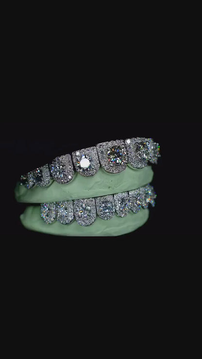 Solitaire Halo set VVS Moissanite Perm Cut Grillz 925 Sterling Silver, Pass Diamond Test