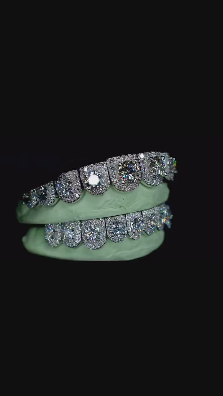 Solitaire Halo set VVS Moissanite Perm Cut Grillz 925 Sterling Silver, Pass Diamond Test