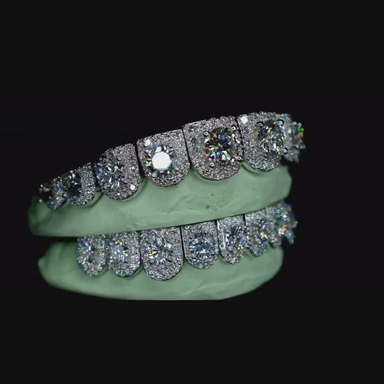 Solitaire Halo set VVS Moissanite Perm Cut Grillz 925 Sterling Silver, Pass Diamond Test