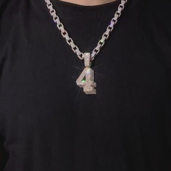 925 Silver Iced Out Chain Set with Mosaic Number Pendant, 10mm Iced Out Rolo Chain, Luxury Custom Hip Hop Necklace with VVS Moissanite Bling