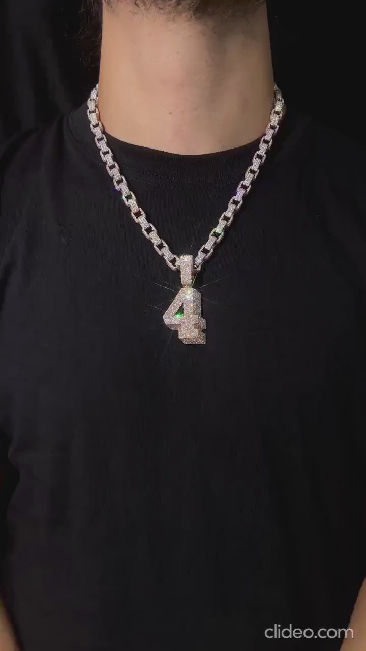 925 Silver Iced Out Chain Set with Mosaic Number Pendant, 10mm Iced Out Rolo Chain, Luxury Custom Hip Hop Necklace with VVS Moissanite Bling