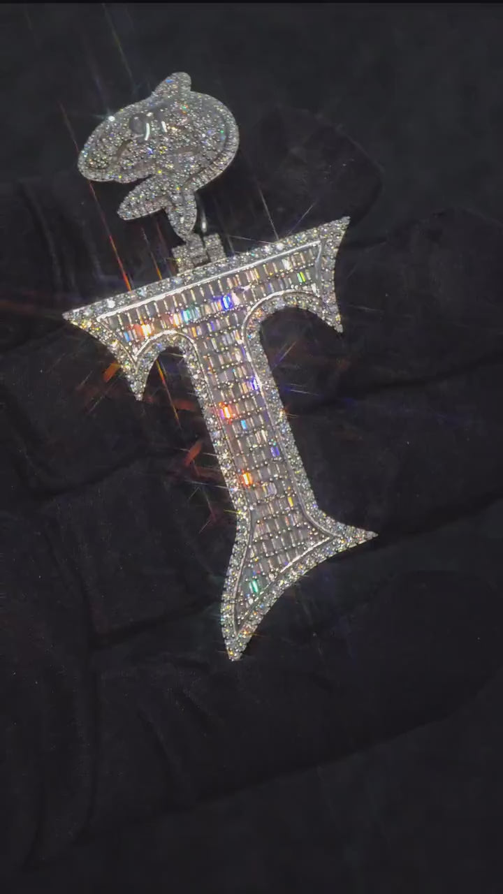 Baguette cut VVS1 Moissanite Letter "T" Pendant, Iced out Chunky Pendant, Custom Alphabet/Letter, 925 Sterling Silver/10k, Hip Hop Pendant