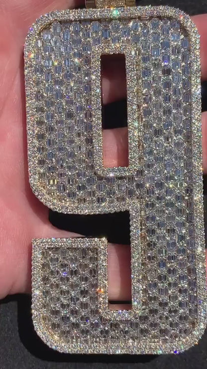 Emerald cut VVS1 Moissanite Layered Number "9" Pendant, Iced out Chunky Pendant, Custom Letter, 925 Sterling Silver / 10k, Hip Hop Pendant