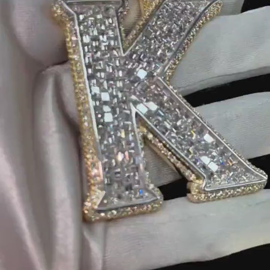 Emerald cut VVS1 Moissanite Layered Letter "K" Pendant, Iced out Chunky Pendant, Custom Letter, 925 Sterling Silver/10k, Hip Hop Pendant