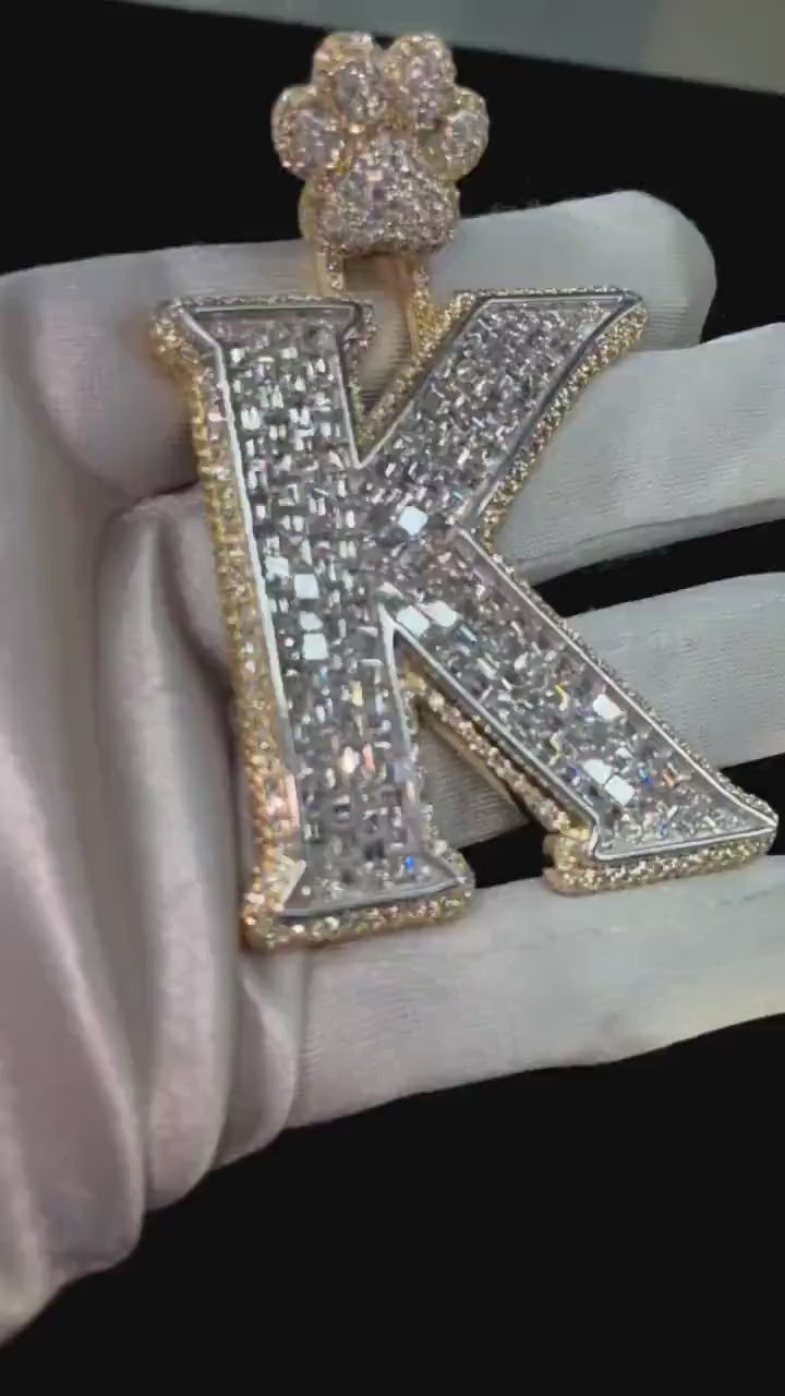 Emerald cut VVS1 Moissanite Layered Letter "K" Pendant, Iced out Chunky Pendant, Custom Letter, 925 Sterling Silver/10k, Hip Hop Pendant