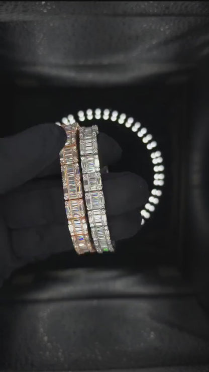 Moissanite Bracelet, Baguette Track bracelet with square links, D color VVS1 Moissanite, 925 Sterling Silver, Gold Plated, 6-9 inch
