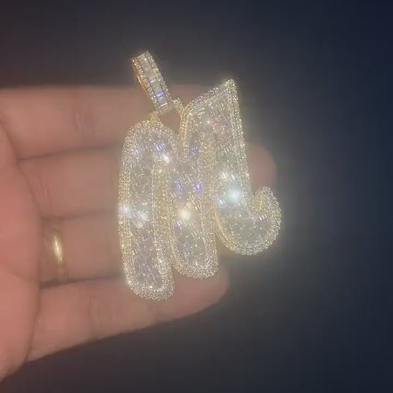 Emerald cut VVS1 Moissanite Layered Letter "M" Pendant, Iced out Chunky Pendant, Custom Letter, 925 Sterling Silver/10k, HipHop Pendant
