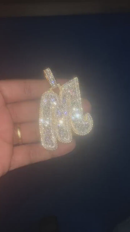 Emerald cut VVS1 Moissanite Layered Letter "M" Pendant, Iced out Chunky Pendant, Custom Letter, 925 Sterling Silver/10k, HipHop Pendant