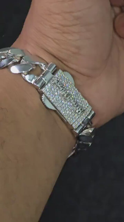 15mm Cuban Link Bracelet with Custom Moissanite Lock | Solid 925 Sterling Silver | Plain Polished Finish | Iced Out Clasp | Hip Hop Jewelry