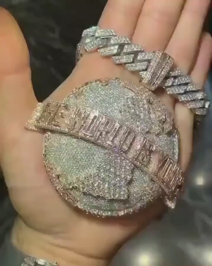 The World is Yours Iced Out Hip Hop Pendant | Chunky Moissanite pendant | 925 Silver / 10K Gold | Custom Handmade Moissanite Jewelry