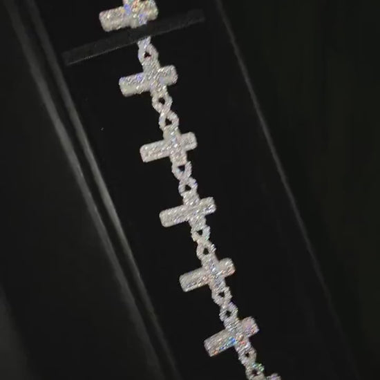 VVS Moissanite Cross Link Bracelet, Iced Out Pavé Bracelet, 925 Sterling Silver, Diamond Tester Approved, Lock Box Clasp