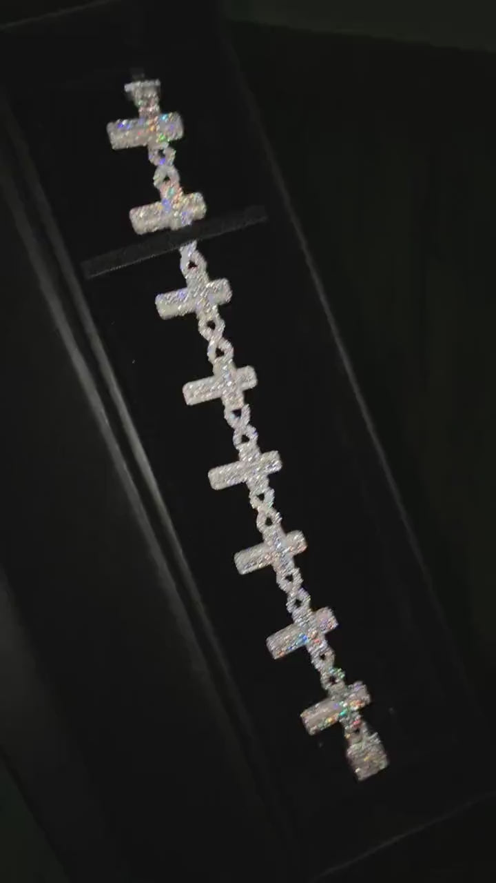 VVS Moissanite Cross Link Bracelet, Iced Out Pavé Bracelet, 925 Sterling Silver, Diamond Tester Approved, Lock Box Clasp