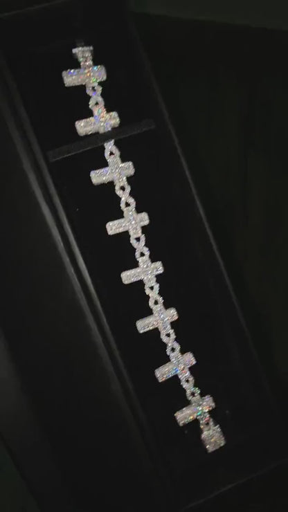 VVS Moissanite Cross Link Bracelet, Iced Out Pavé Bracelet, 925 Sterling Silver, Diamond Tester Approved, Lock Box Clasp